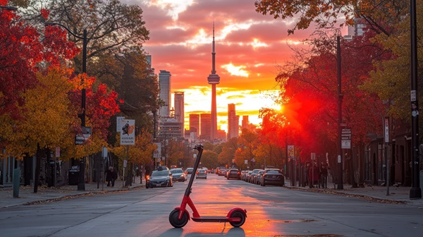 Electric scooter parked in the middle of a Toronto street at sunset with the CN Tower in the background.