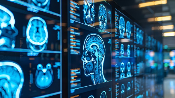 A row of glowing blue screens displays various medical scans, including cross-sections of a human head and brain, located within an advanced diagnostic imaging center.
