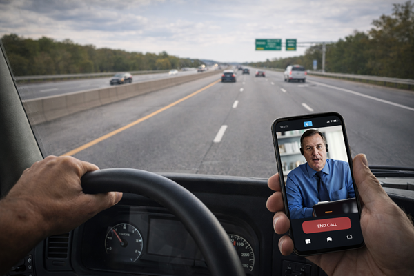 Truck driver using smartphone video call while driving on a busy highway, showing distracted driving risk in commercial trucking