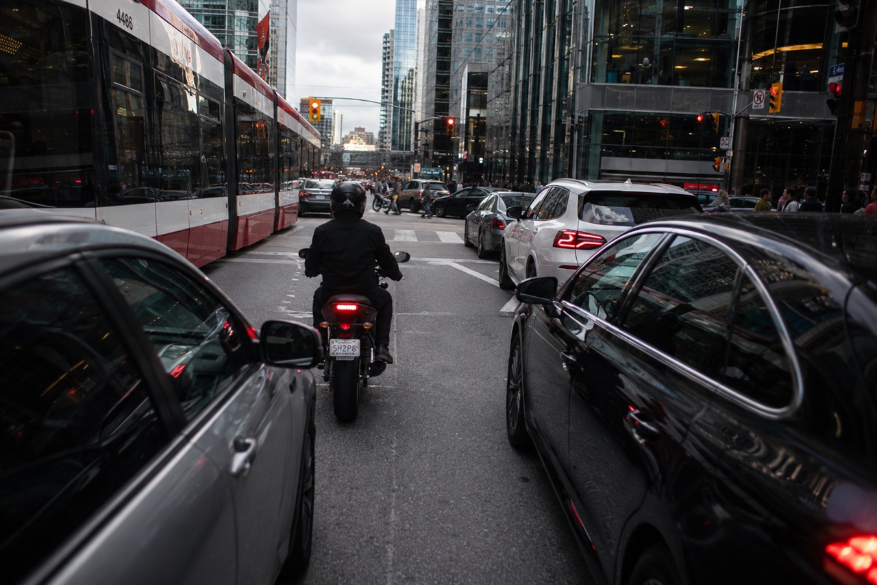A first-person view from a motorcycle stopped behind several cars at a busy urban intersection during the day, illustrating the high-traffic city environments that figure into Toronto motorcycle accident statistics.