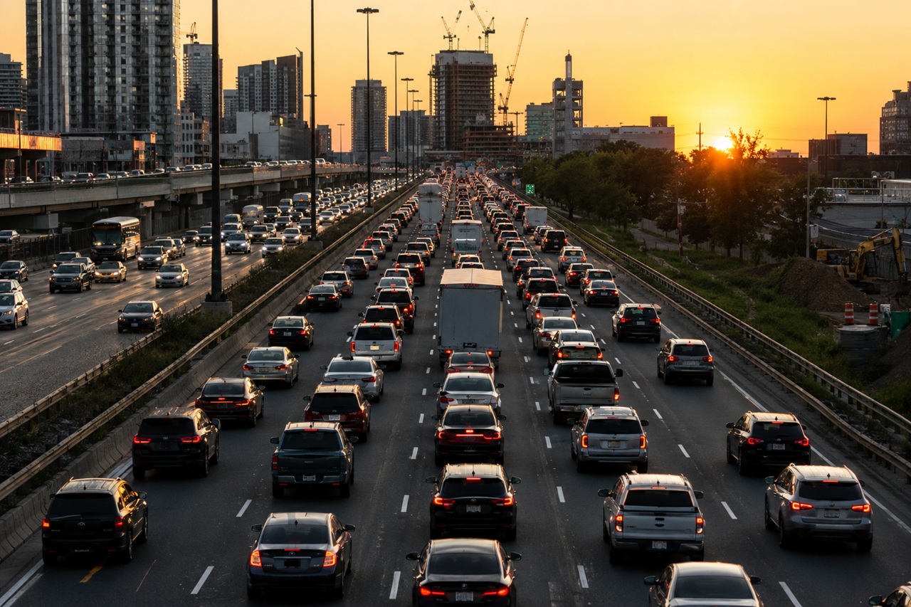 An elevated, wide shot of dense, multi-lane highway traffic gridlocked during rush hour at sunset, with rows of SUVs, cars, and commercial trucks stretching toward a city skyline under construction as the sun dips below the horizon.