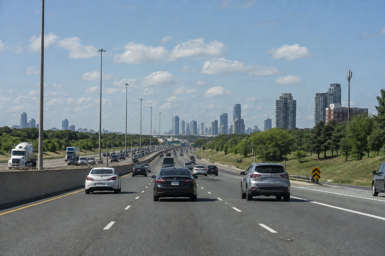Multiple lanes of highway traffic flow toward the Toronto skyline on a busy Ontario freeway, with commercial trucks and passenger vehicles sharing the road under a clear summer sky, depicting the high-speed driving conditions on provincial highways where Ontario's 110 km/h speed limit expansion has renewed debate about crash risk, stopping distances, and injury severity in car accidents.