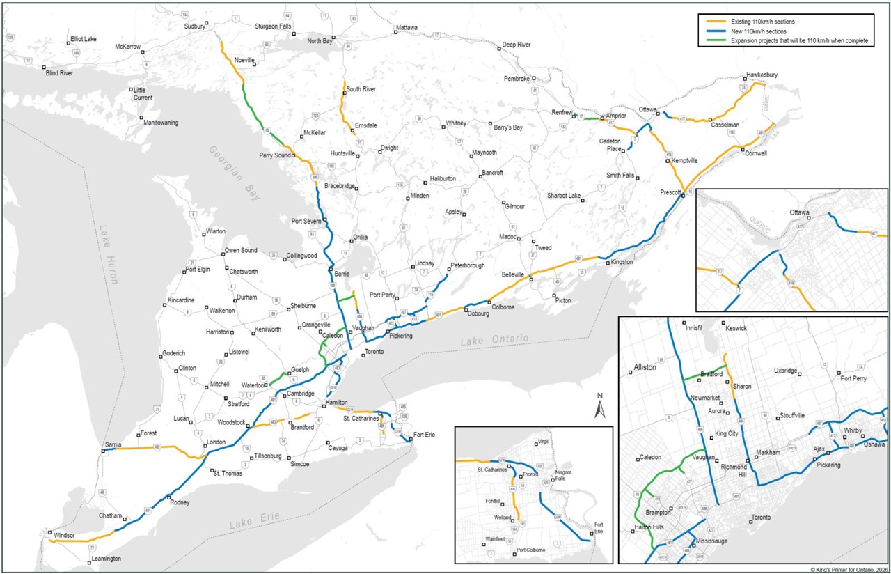 A provincial government map of Ontario showing existing 110 km/h highway sections in orange, newly designated 110 km/h sections in blue, and future expansion corridors in green across major routes including Highway 401, Highway 400, and other arterials linking Windsor, Toronto, Ottawa, and communities across Southern Ontario, illustrating the scale of Ontario's 110 km/h speed limit expansion and the highways where higher-speed crash risks are increasing.