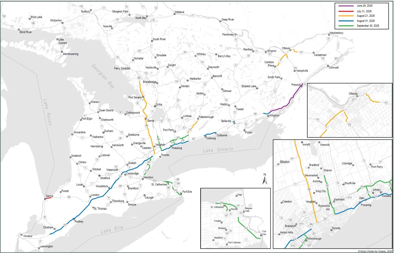 A provincial government map of Ontario color-coded by implementation date showing the phased rollout of new 110 km/h speed limit expansions across Southern Ontario highways, with sections activated on June 26, July 31, August 21, August 31, and September 30, 2026, illustrating the timeline and geographic scope of the ongoing speed limit changes on routes connecting Windsor, Toronto, Ottawa, and communities along Lake Ontario and Lake Erie.