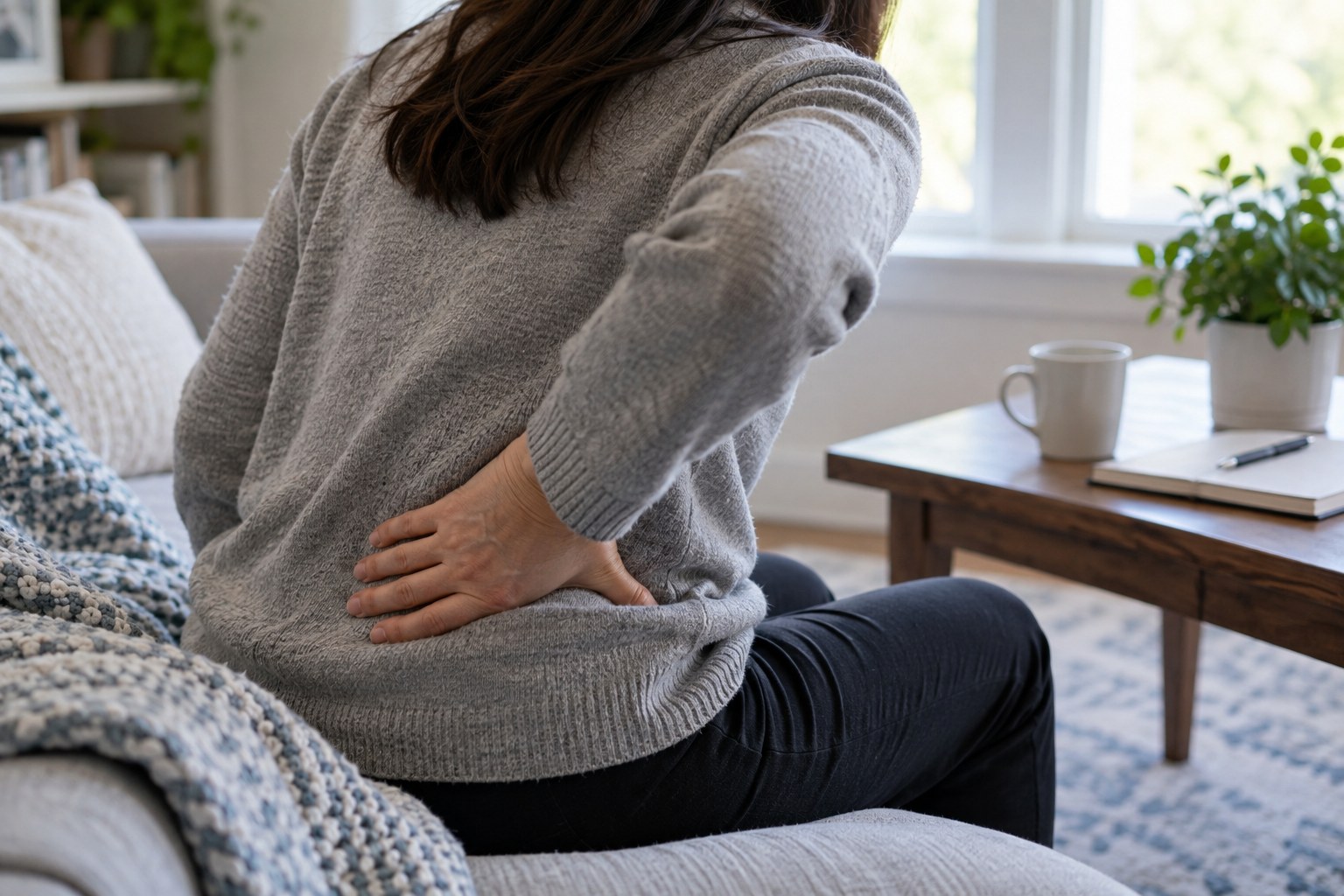 Person sitting on a sofa with one hand pressed against their lower back due to chronic pain.