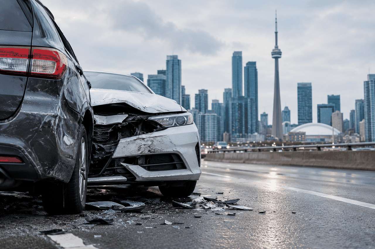 Two damaged vehicles after a collision on a wet Toronto roadway, with the CN Tower and downtown skyline in the background.